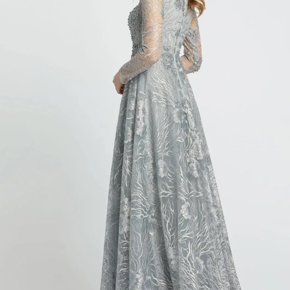 Mac Duggal gray jewel encrusted long sleeve square neck gown NWT